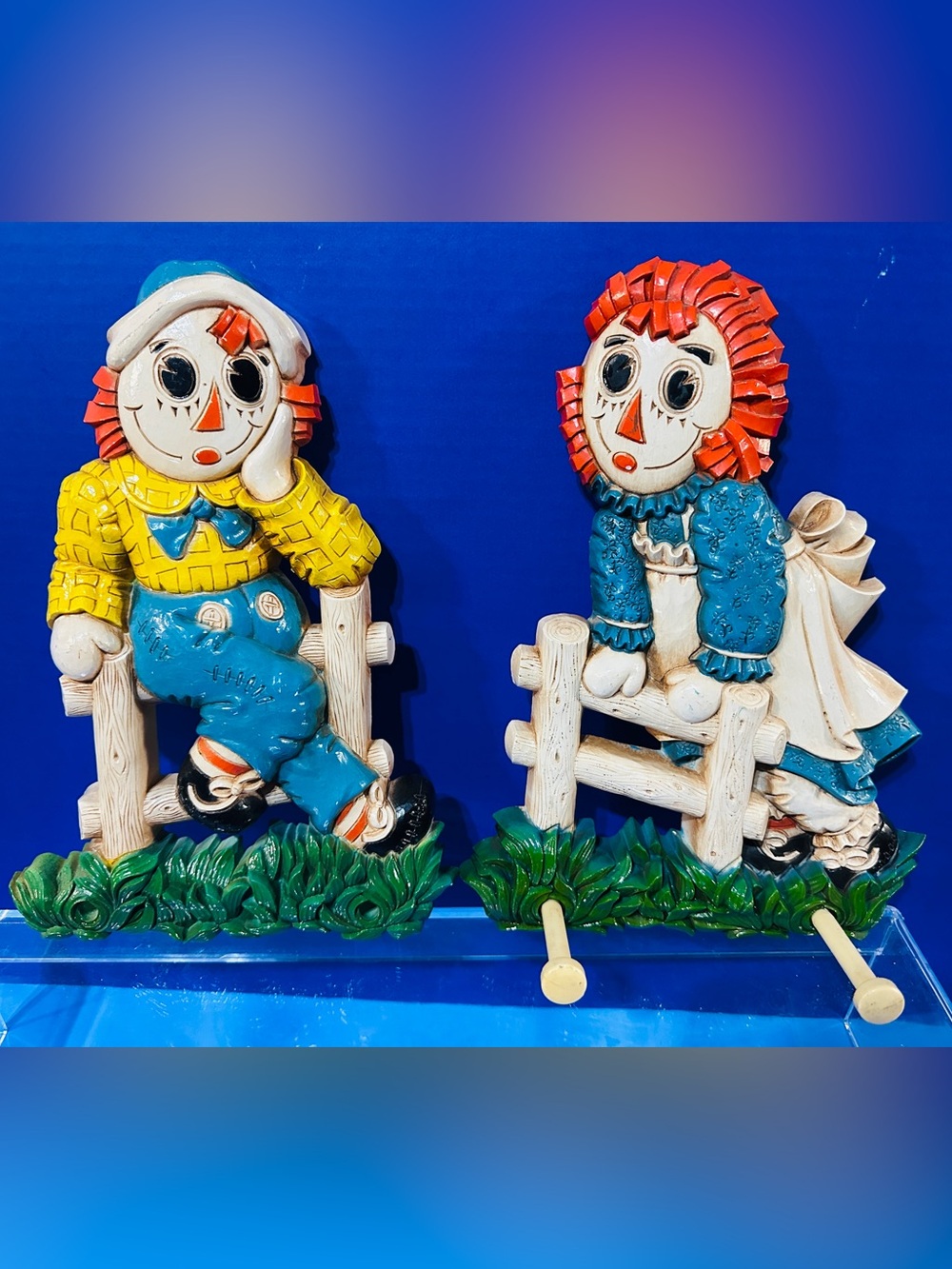 Raggedy Ann & Andy Vintage 1977 Plastic Wall Art 3-D Plaques Approx 12” Set of 2
